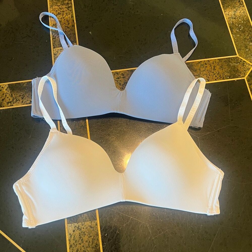 Lot of 2 Nautica Women's Ribbed Wireless Padded Bra White Dusty Blue Size 36A